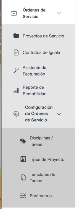Menú Órdenes de Servicio con el subgrupo de configuración abierto