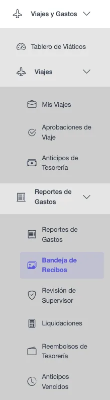 Menú Viajes y Gastos abierto