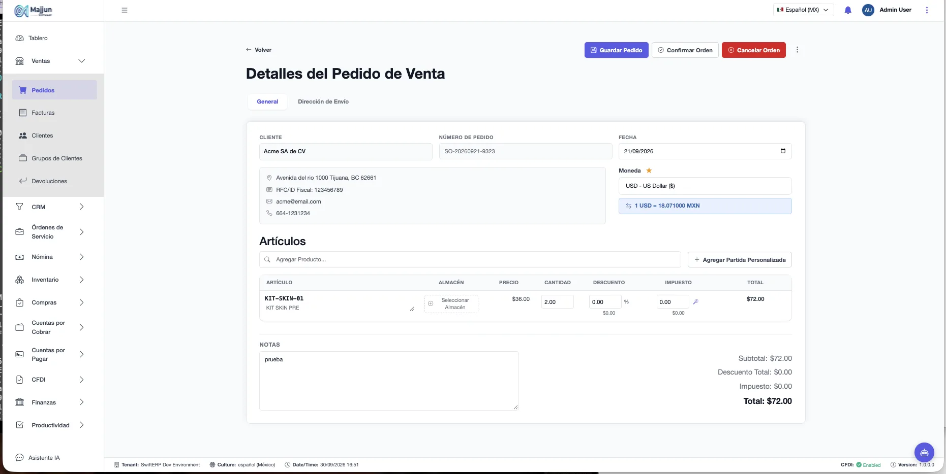 Pestaña General de un pedido nuevo con cliente y artículos