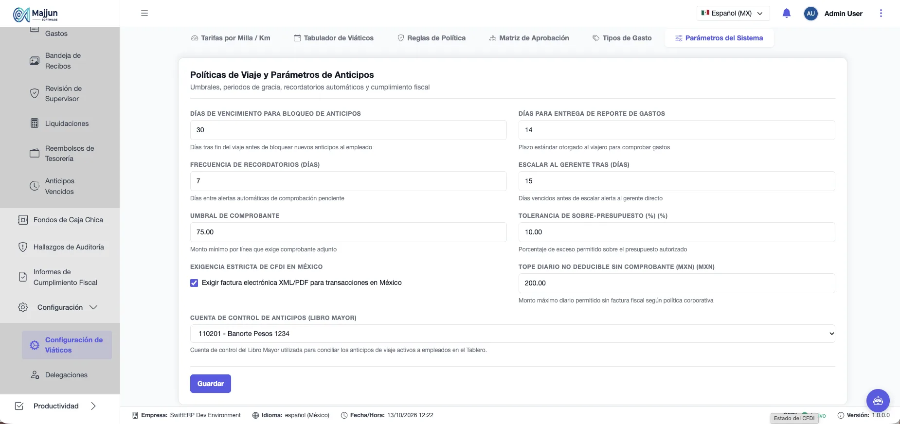 Gobernanza y Configuración de Viáticos (Pestaña Parametros del Sistema)