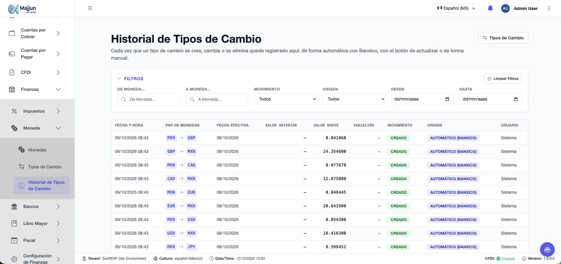 Pantalla Historial de Tipos de Cambio