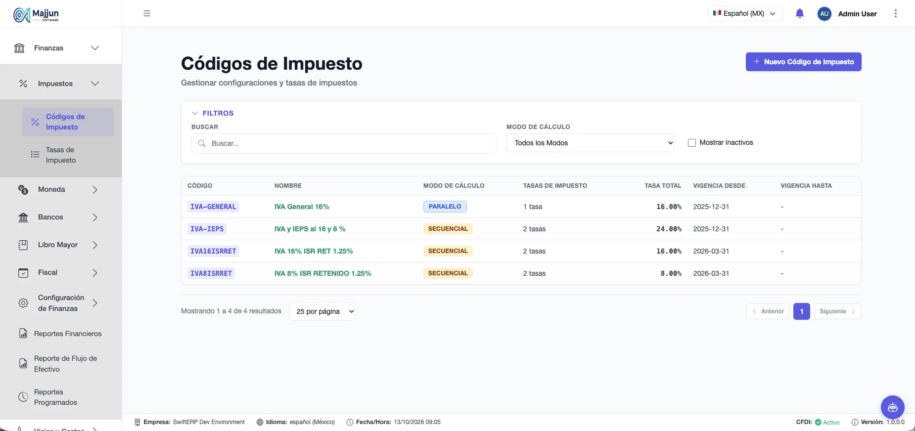 Pantalla Códigos de Impuesto