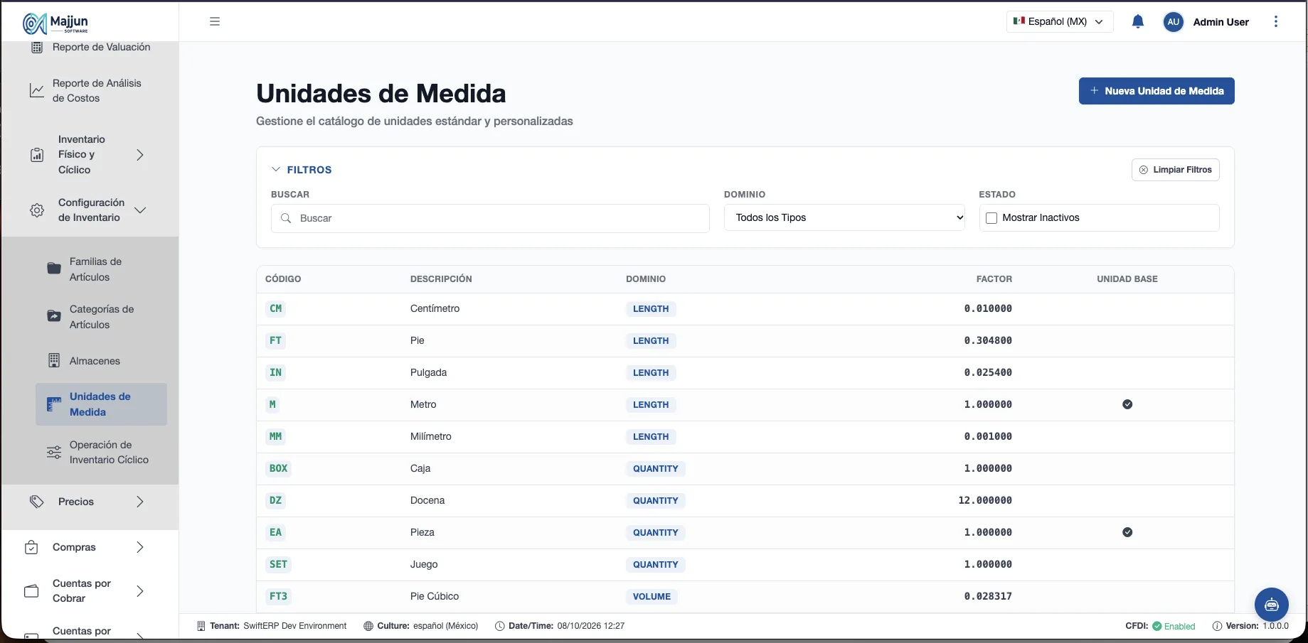Pantalla Unidades de Medida