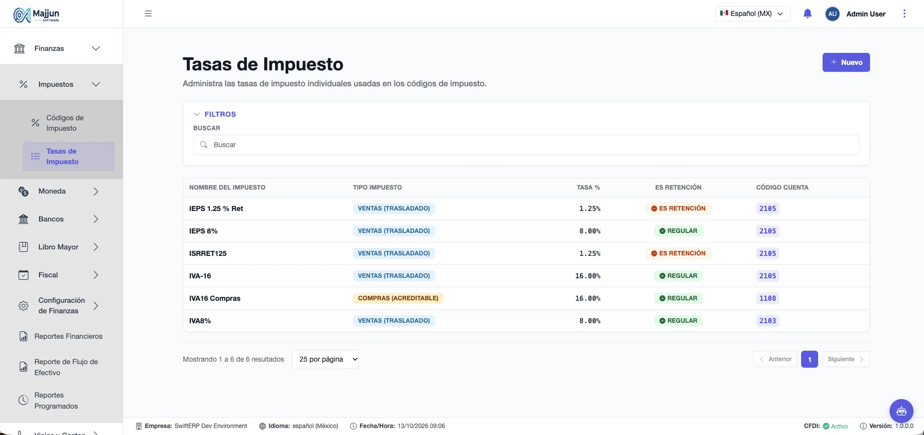 Pantalla Tasas de Impuesto