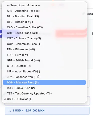 Selector de tipo de moneda