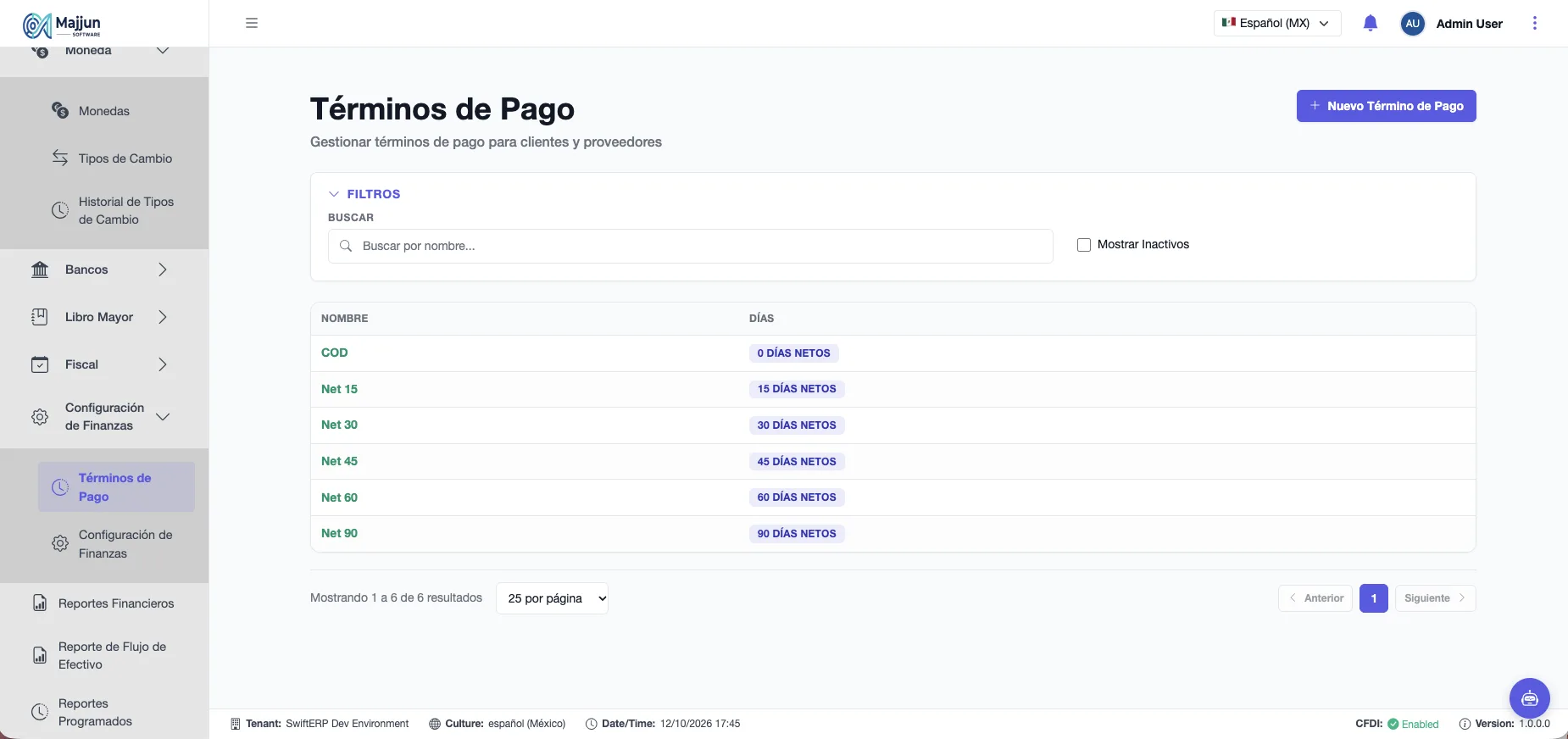 Pantalla Términos de Pago