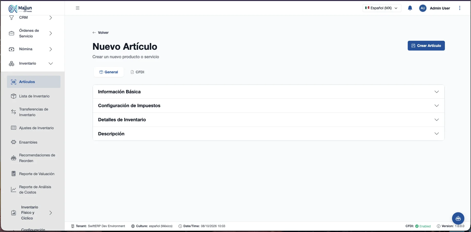 Pantalla crear un nuevo articulo