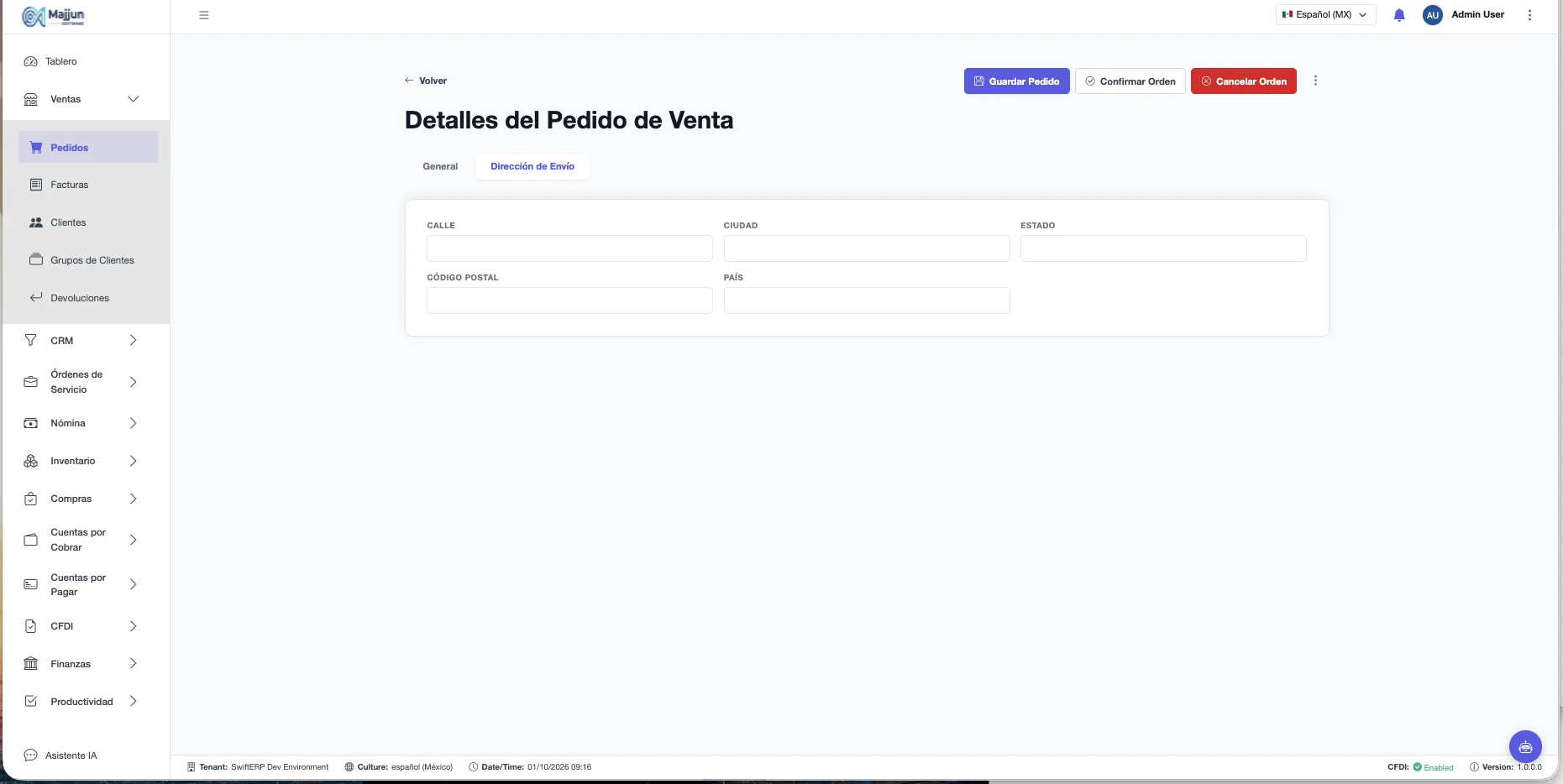 Pestaña Dirección de Envío