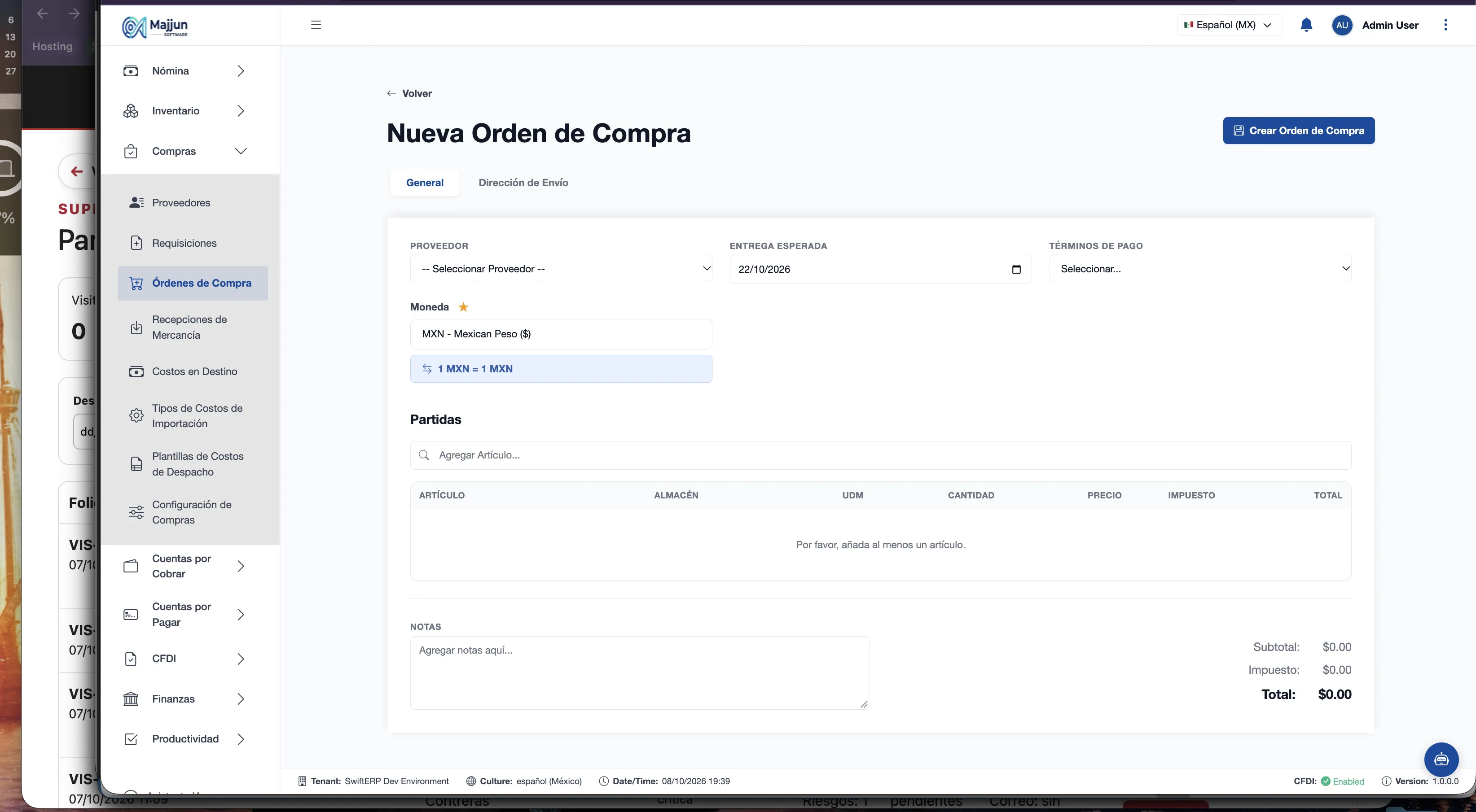 Nueva Orden de Compra con partidas
