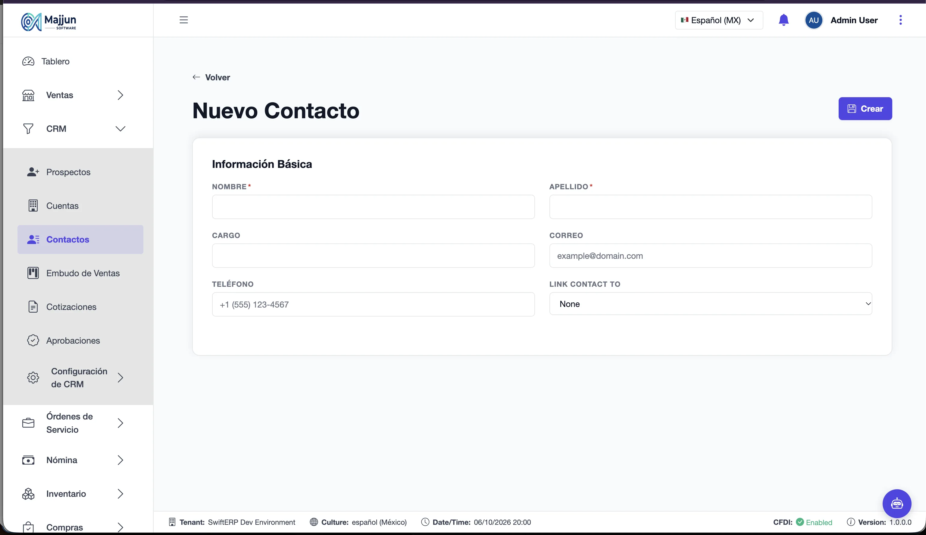 Formulario Nuevo Contacto con el vínculo