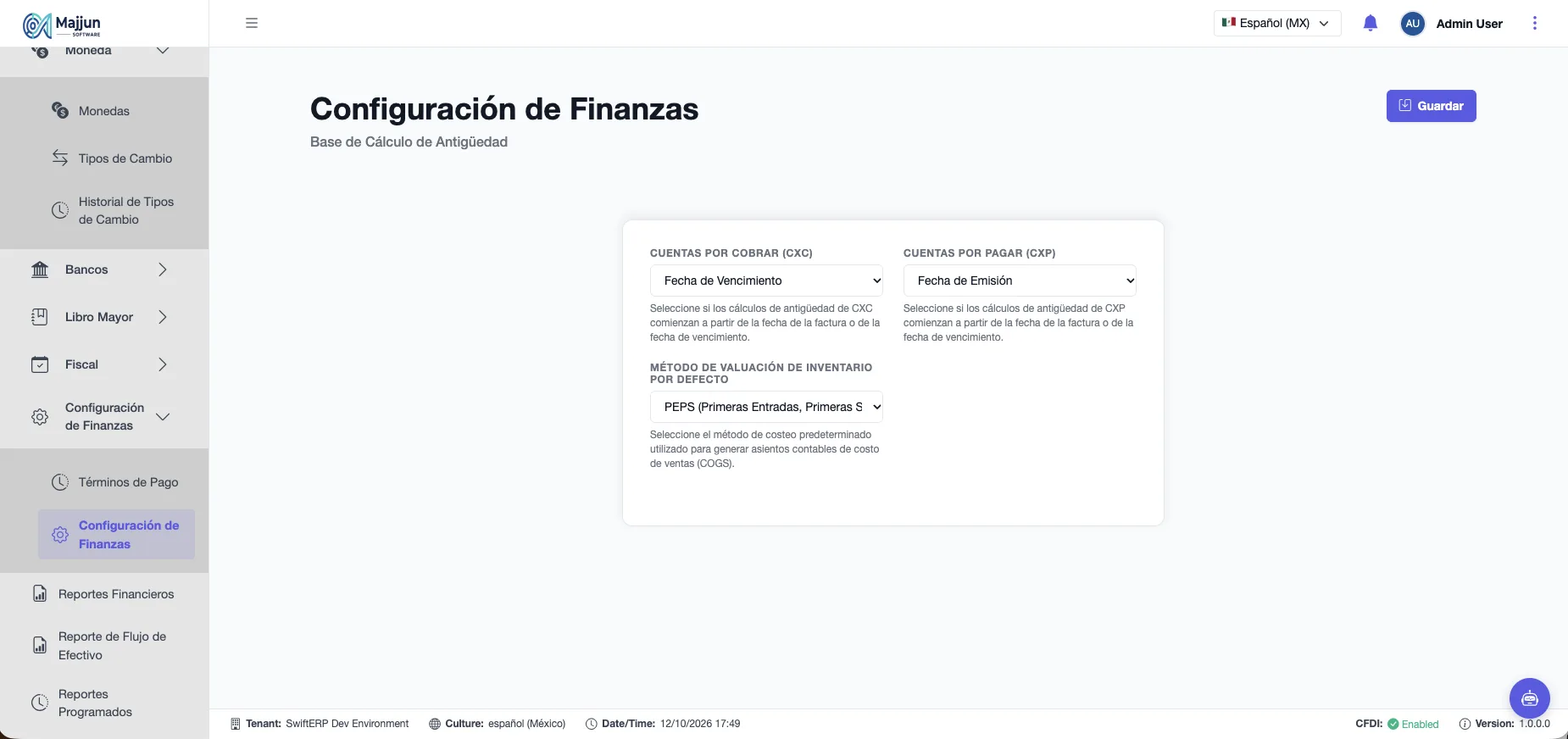 Configuración de Finanzas