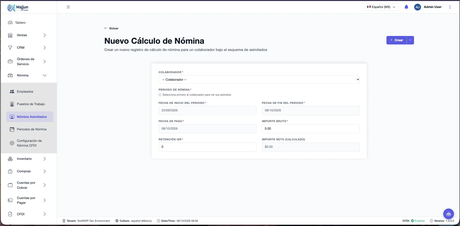 Formulario Nuevo Cálculo de Nómina