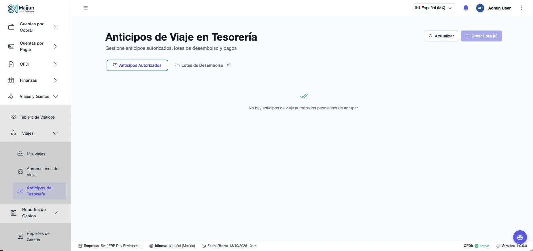 Anticipos de Viaje en Tesorería (Pestaña anticipos autorizados)