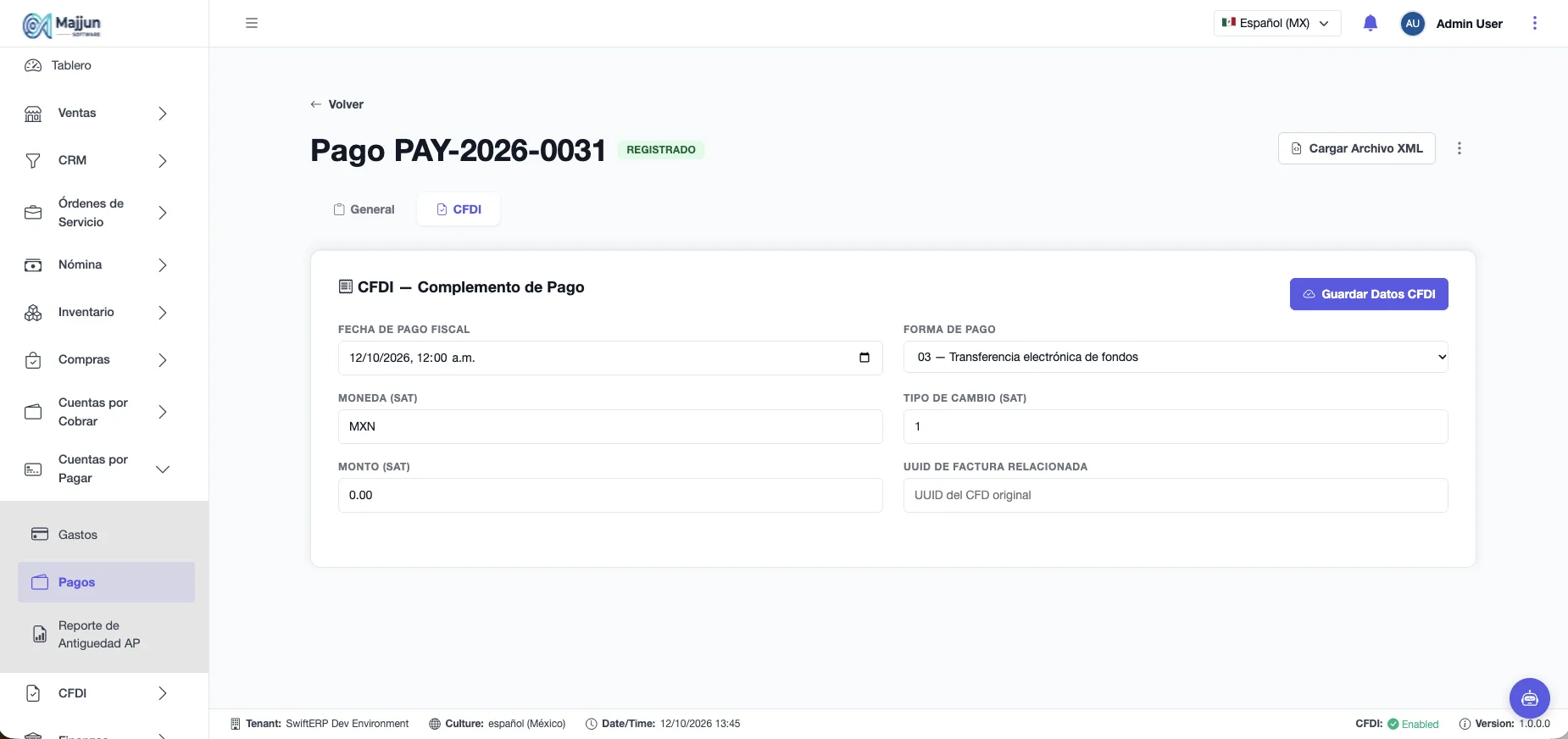 Vista de un pago registrado pestaña CFDI