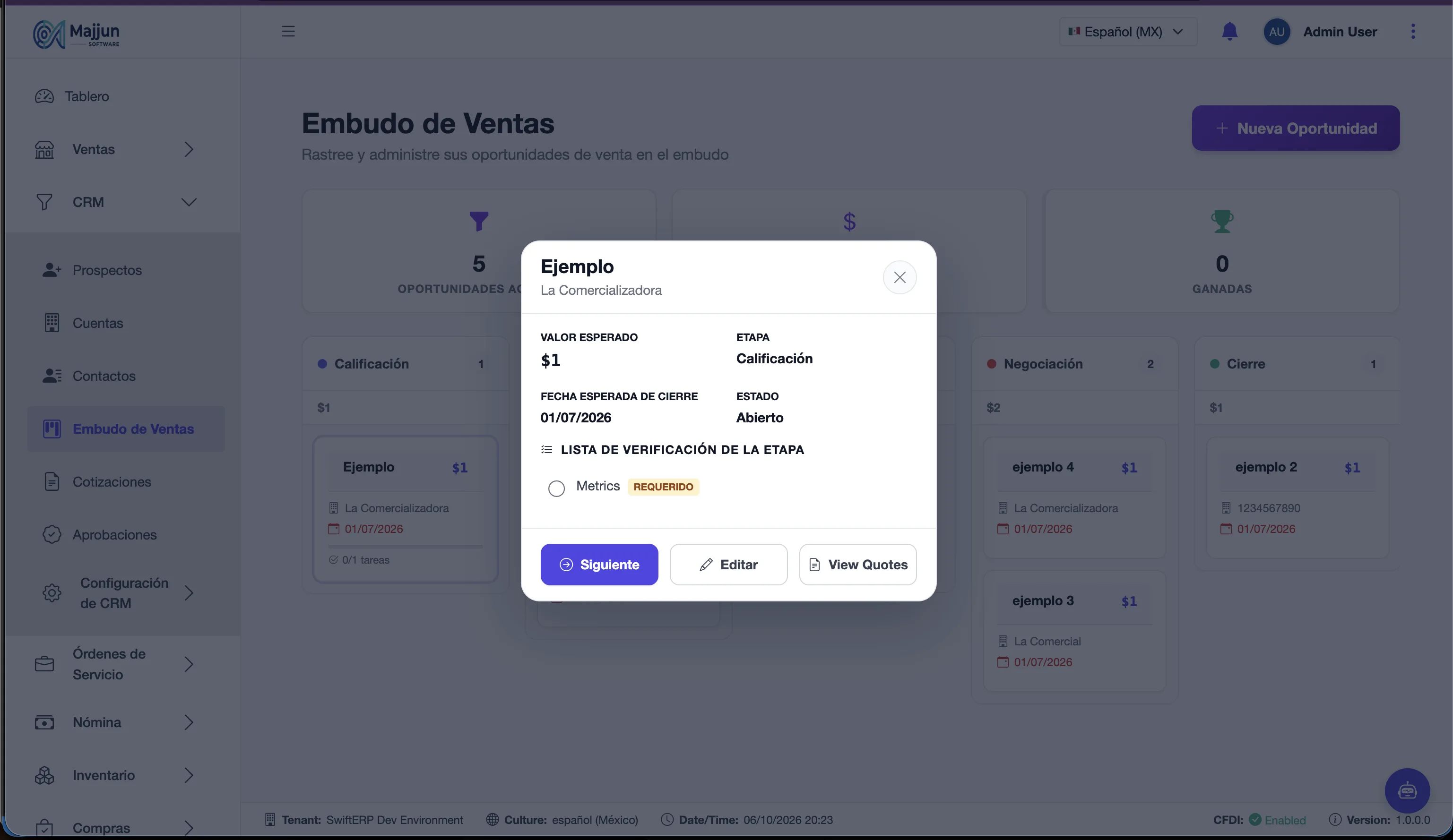 Embudo de Ventas con el detalle de una tarjeta y su lista de actividades