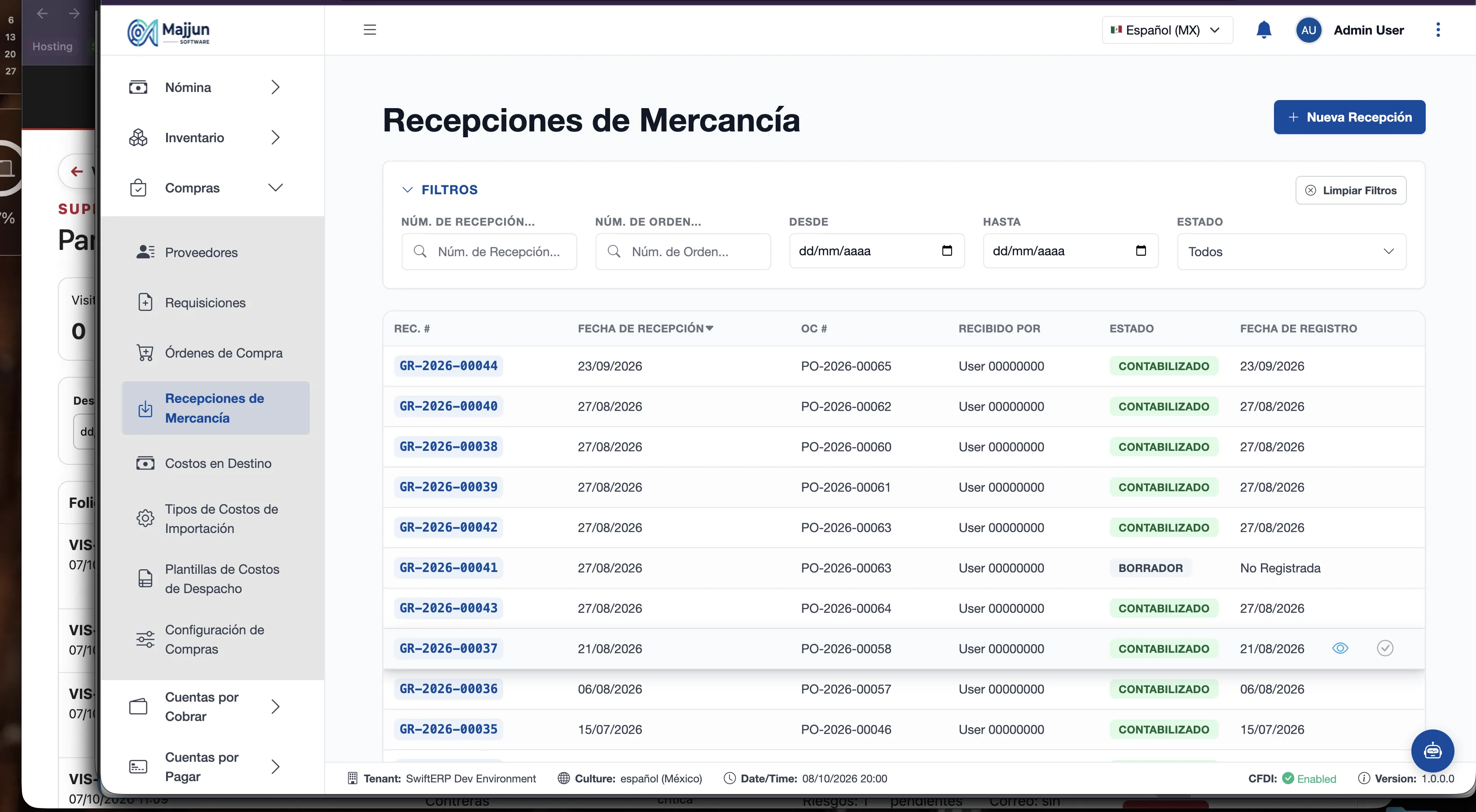 Pantalla Recepciones de Mercancía