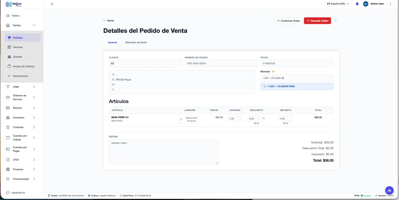 Pedido en borrador con los botones Confirmar Orden y Cancelar Orden