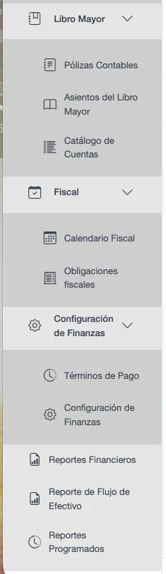 Menú Finanzas con sus grupos