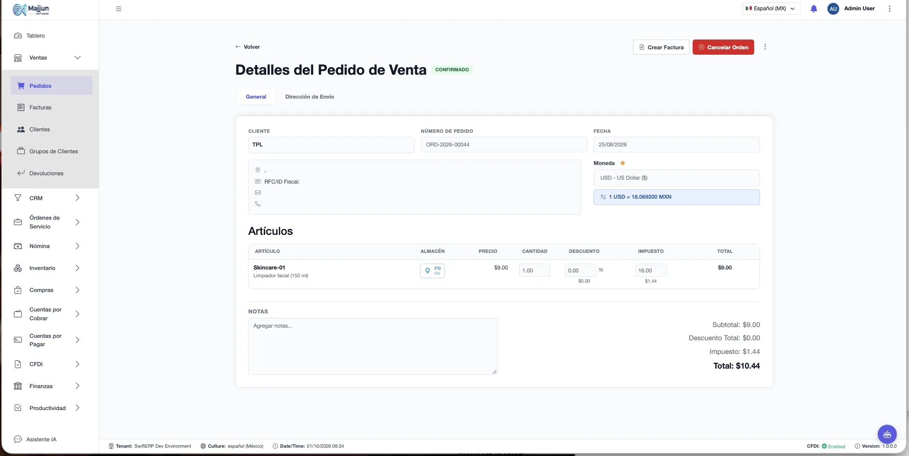 Pedido Confirmado con los botones Crear Factura y Cancelar Orden