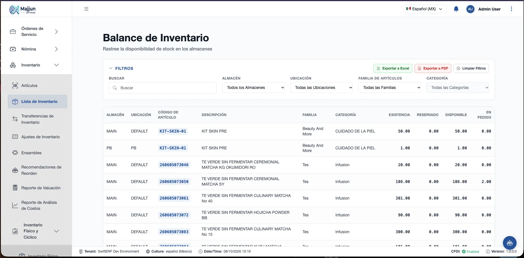 Pantalla Lista de Inventario