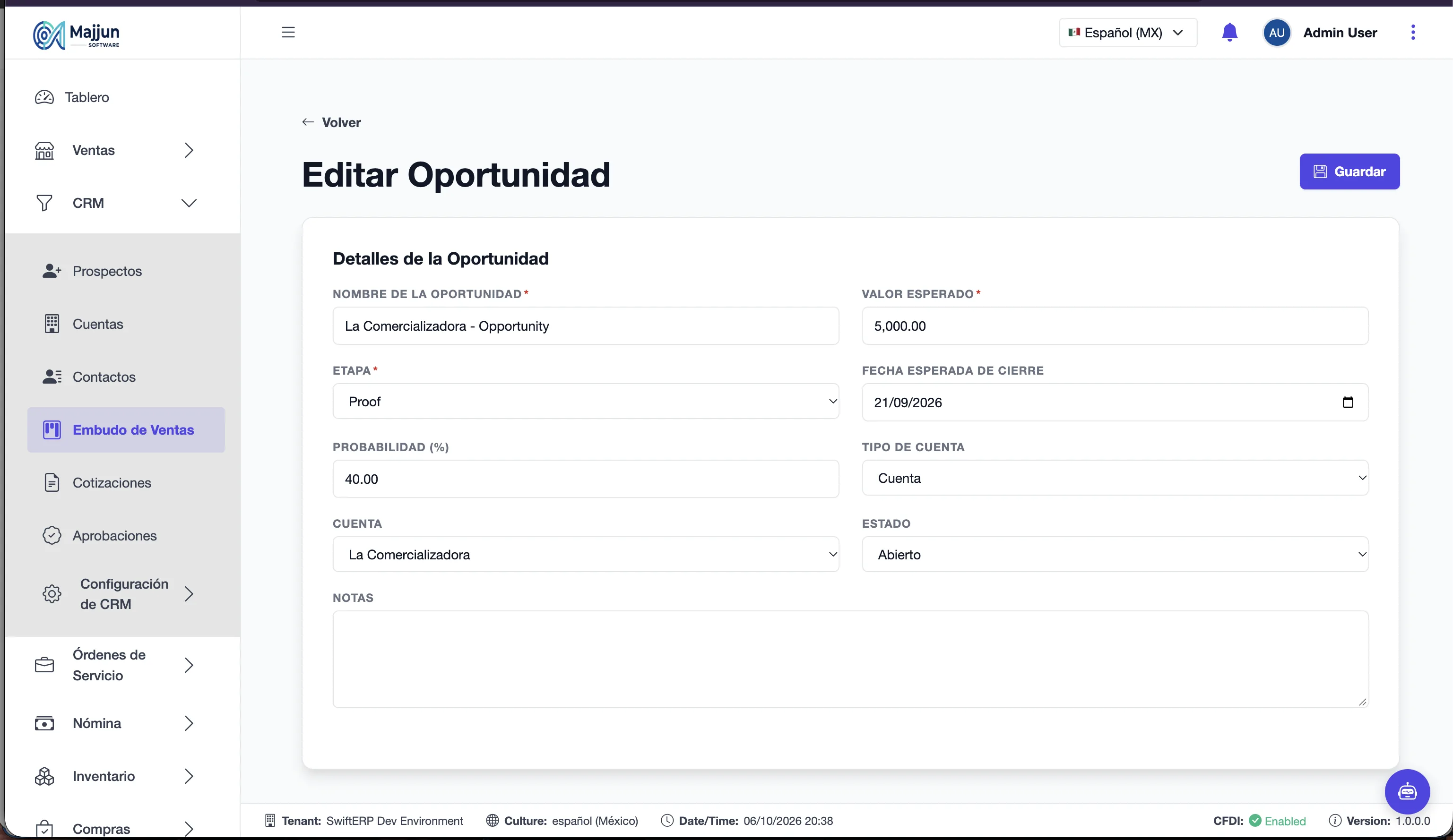 Formulario de oportunidad con Tipo de Cuenta = Cliente