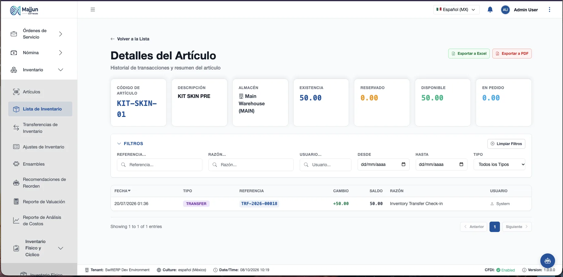 Detalle de inventario del artículo con su historial