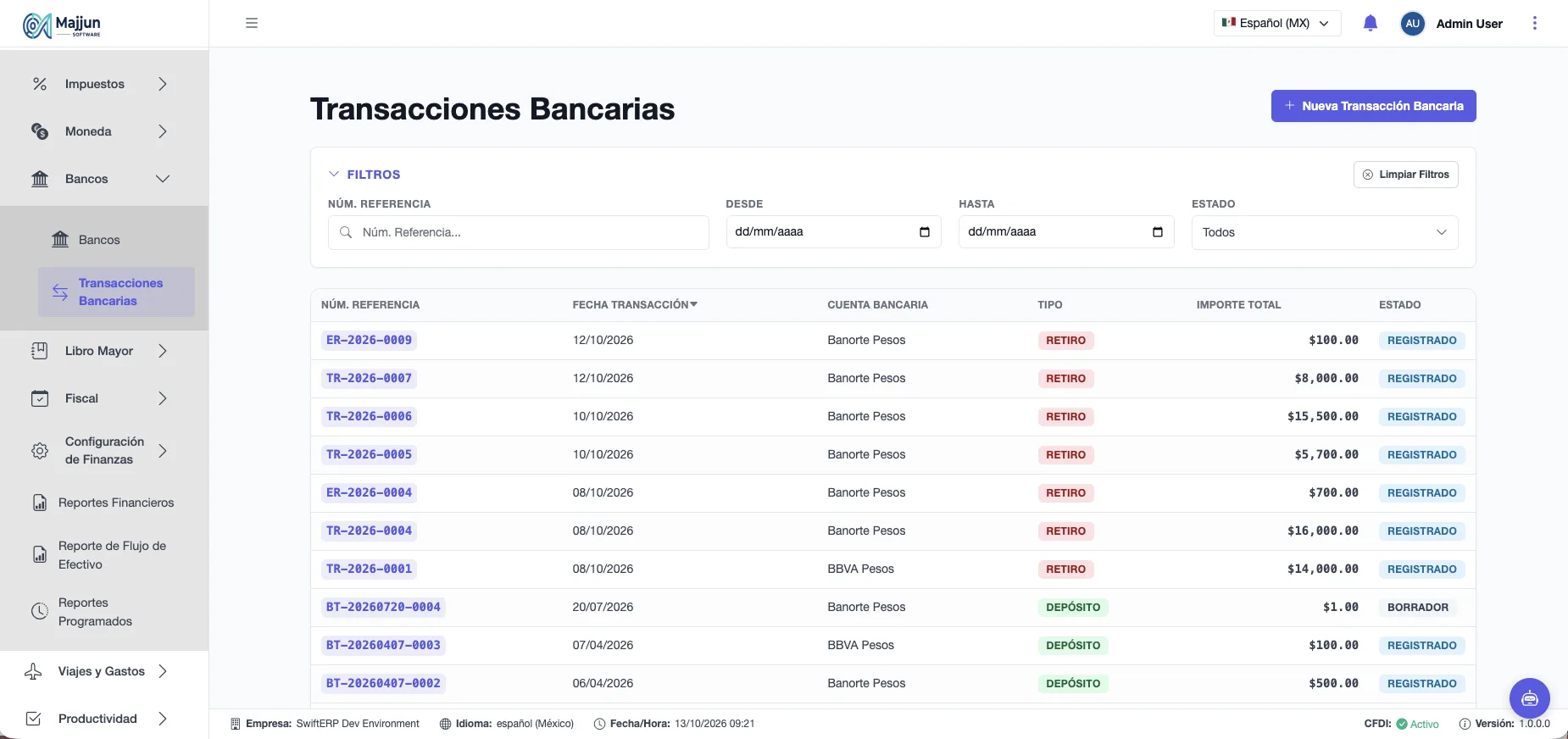 Pantalla Transacciones Bancarias