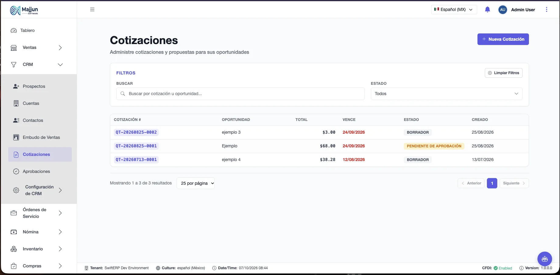 Lista de Cotizaciones con el filtro de estados