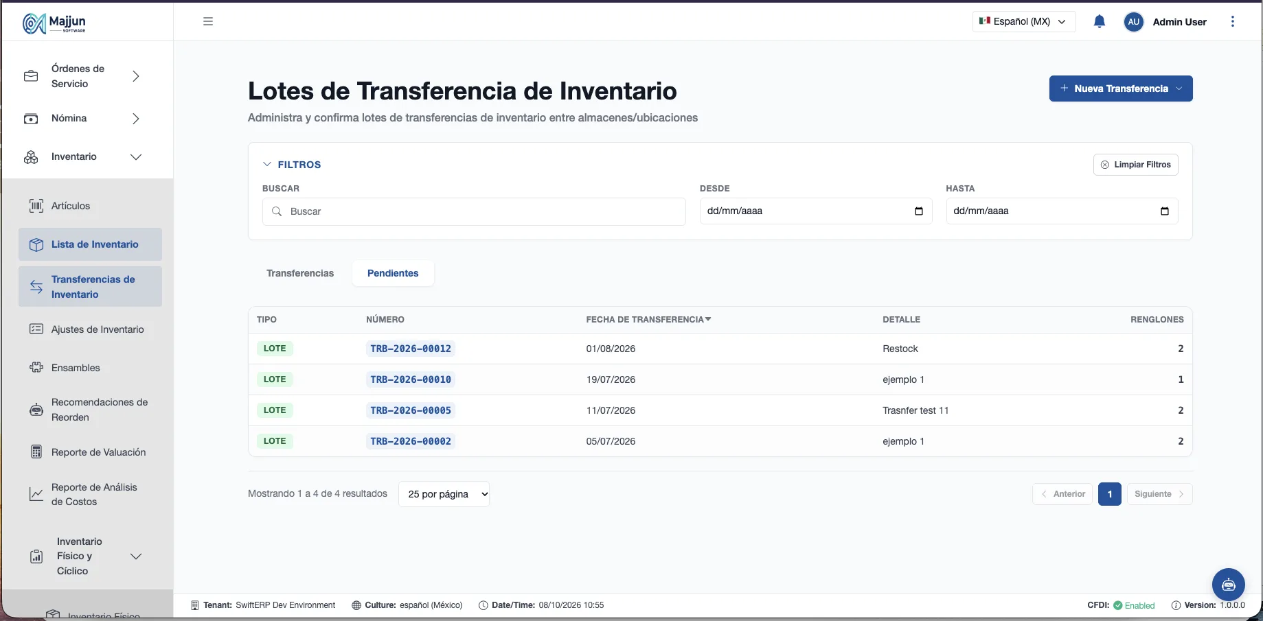 Pantalal de tranferencia de lote