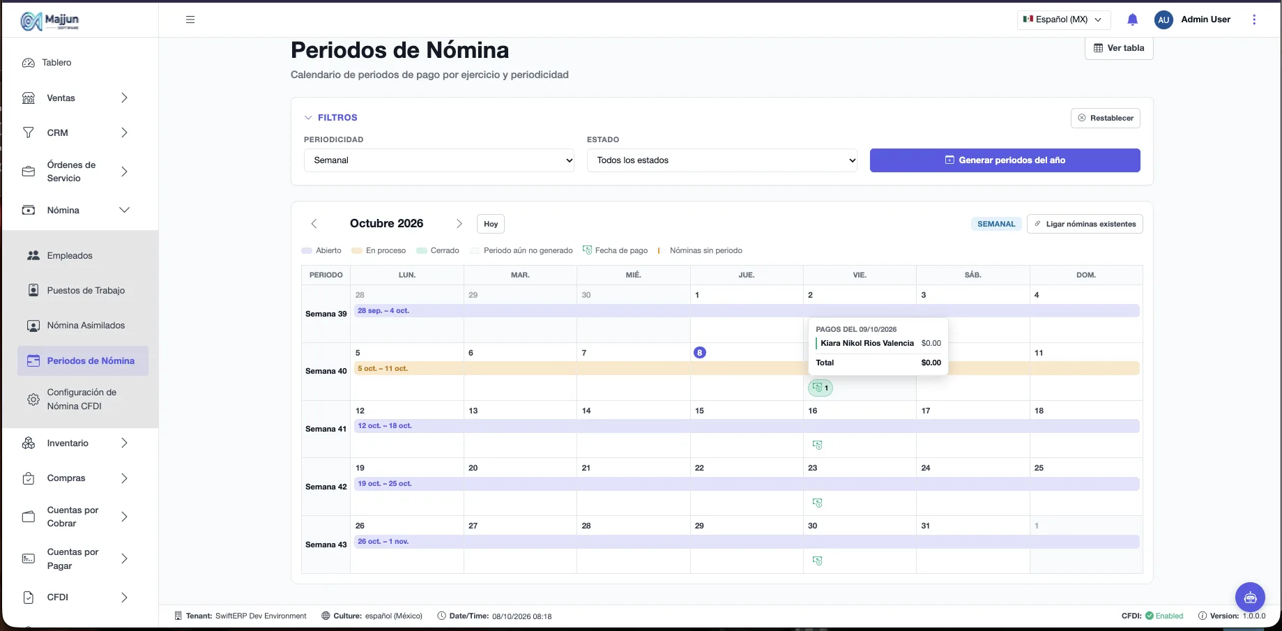 Calendario de pagos con el detalle de un día