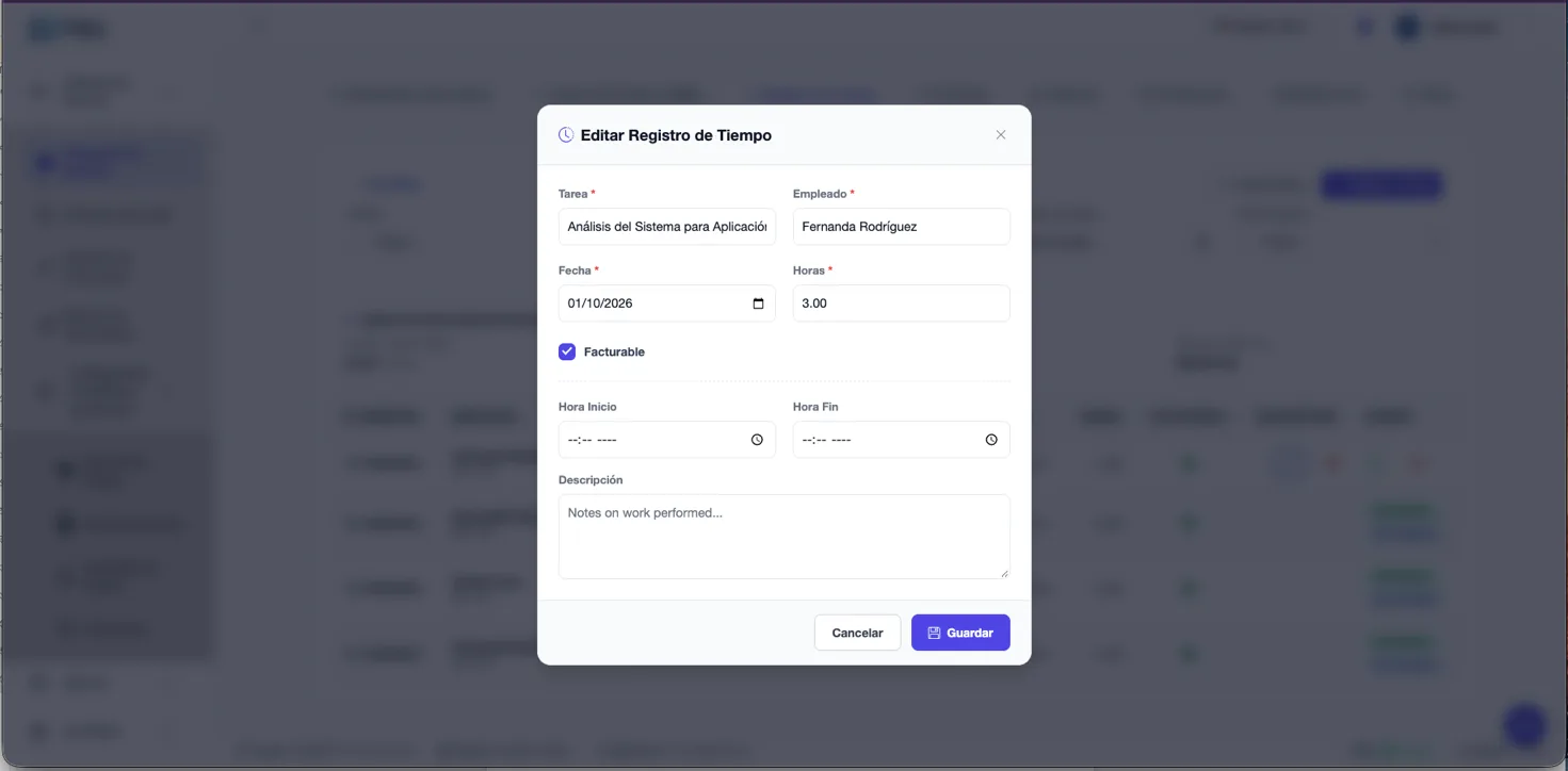 Modal para hacer el registro de horas