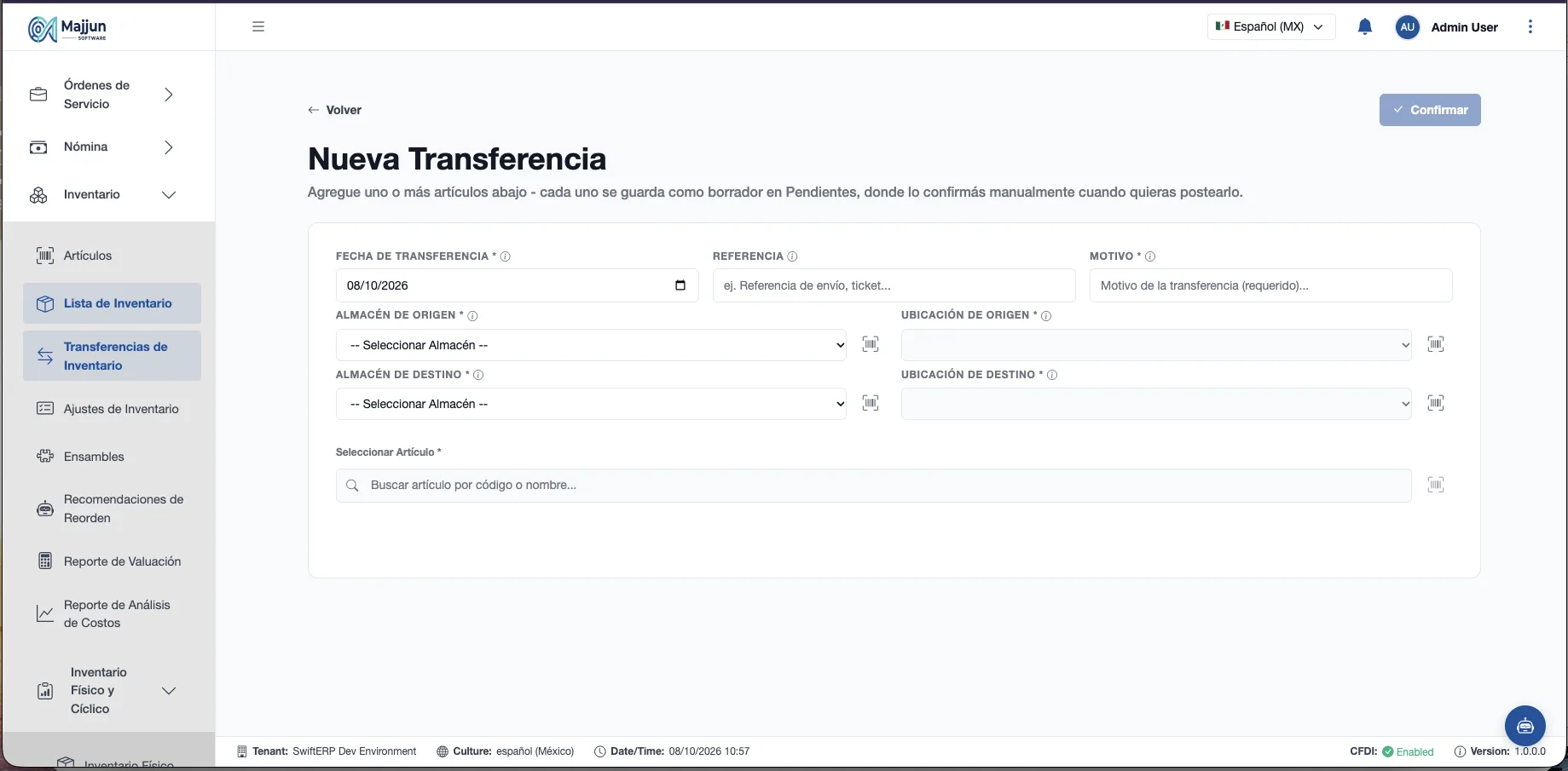 Pantalla de Tranferencia por Articulo