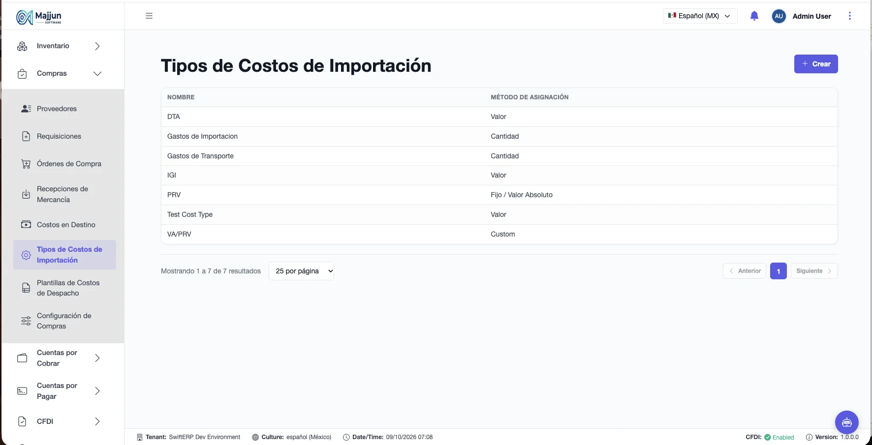 Pantalla Tipos de Costos de Importación