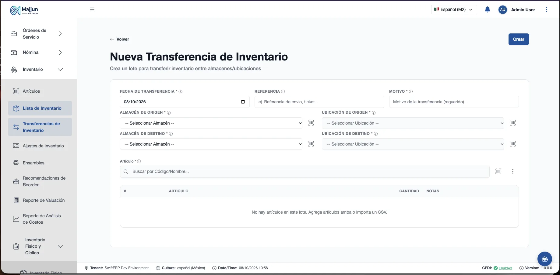 Pantalla de Tranferencia por Lote
