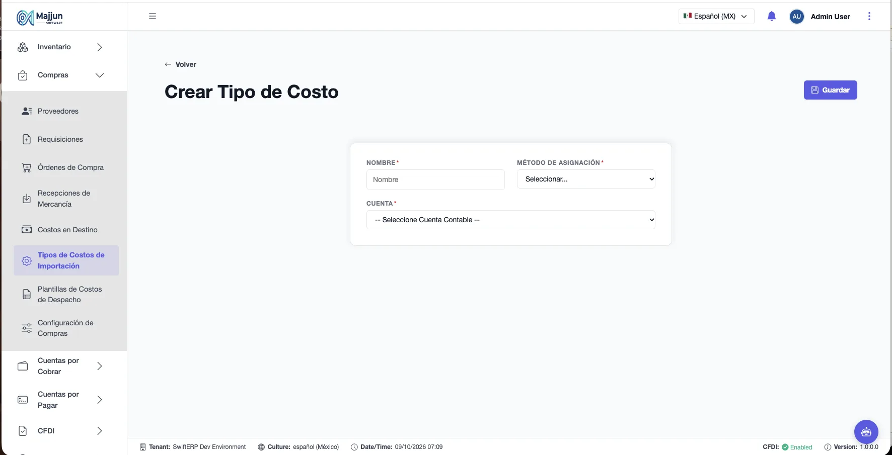 Crear Costo de Importacion Nuevo