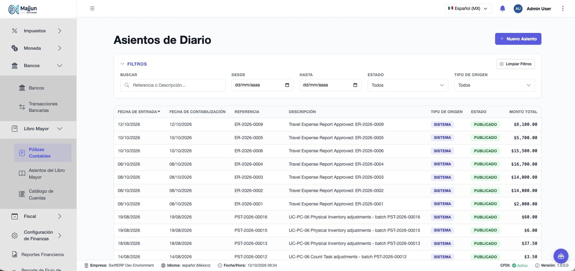 Pantalla Asientos de diario