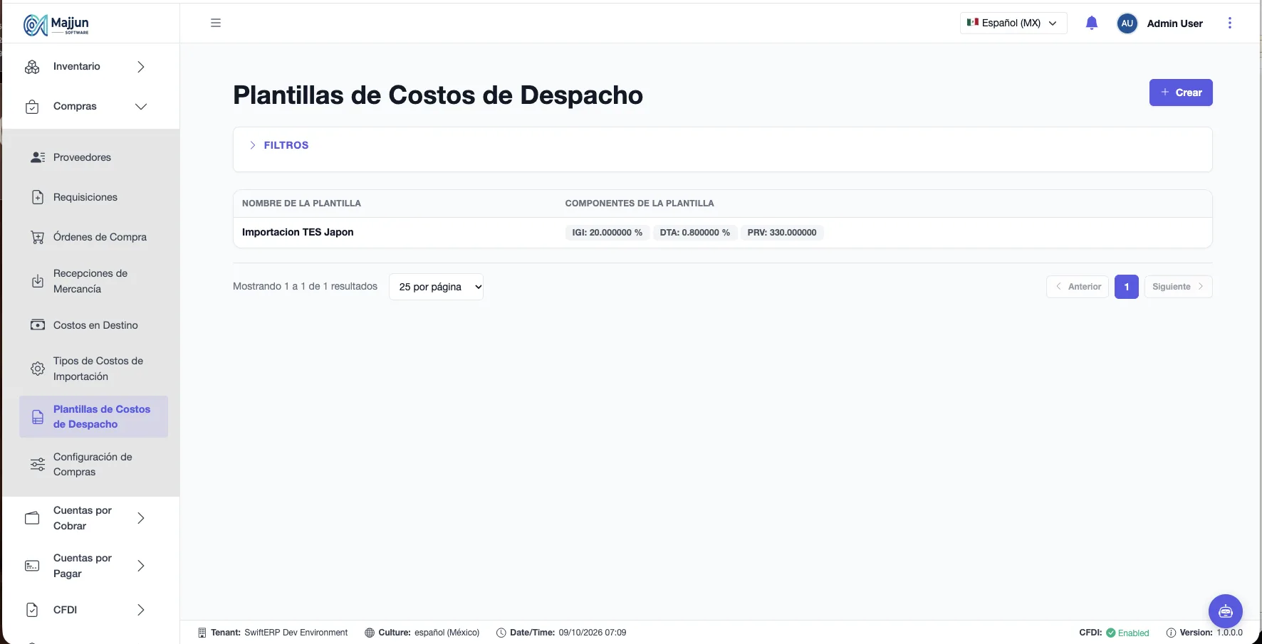 Pantalla Plantillas de Costos de Despacho