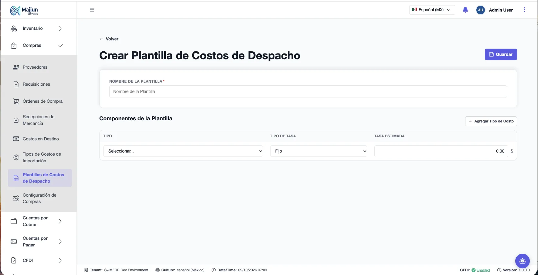 Crear Plantillas de Costos de Despacho Nueva