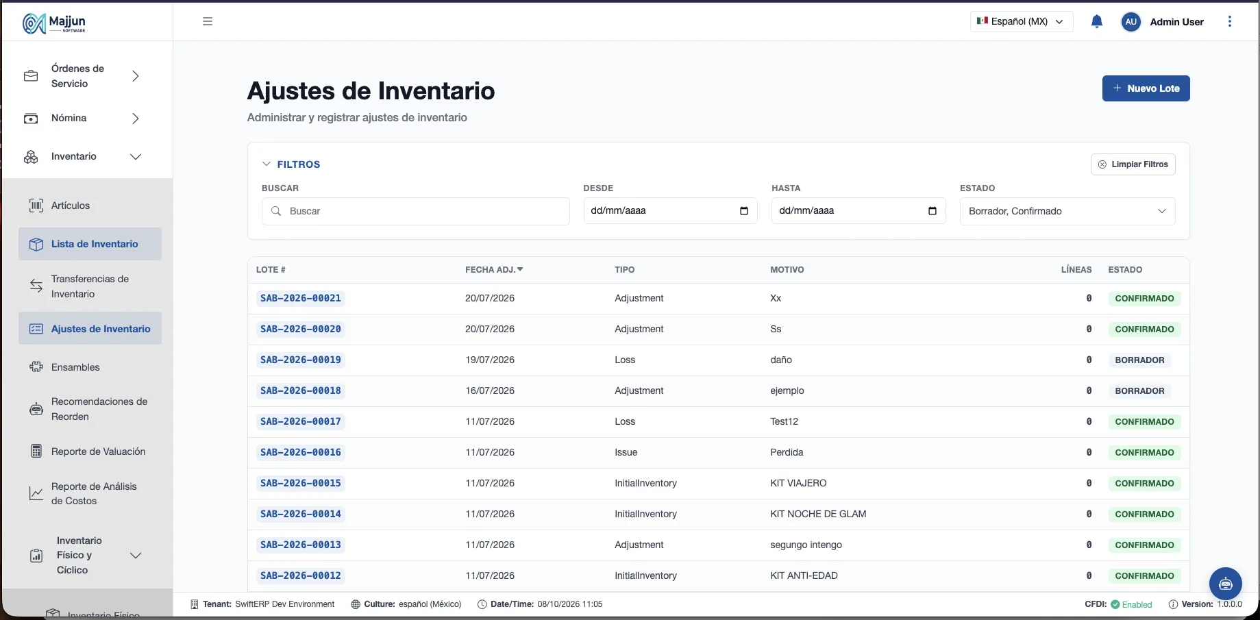 Pantalla Ajustes de Inventario