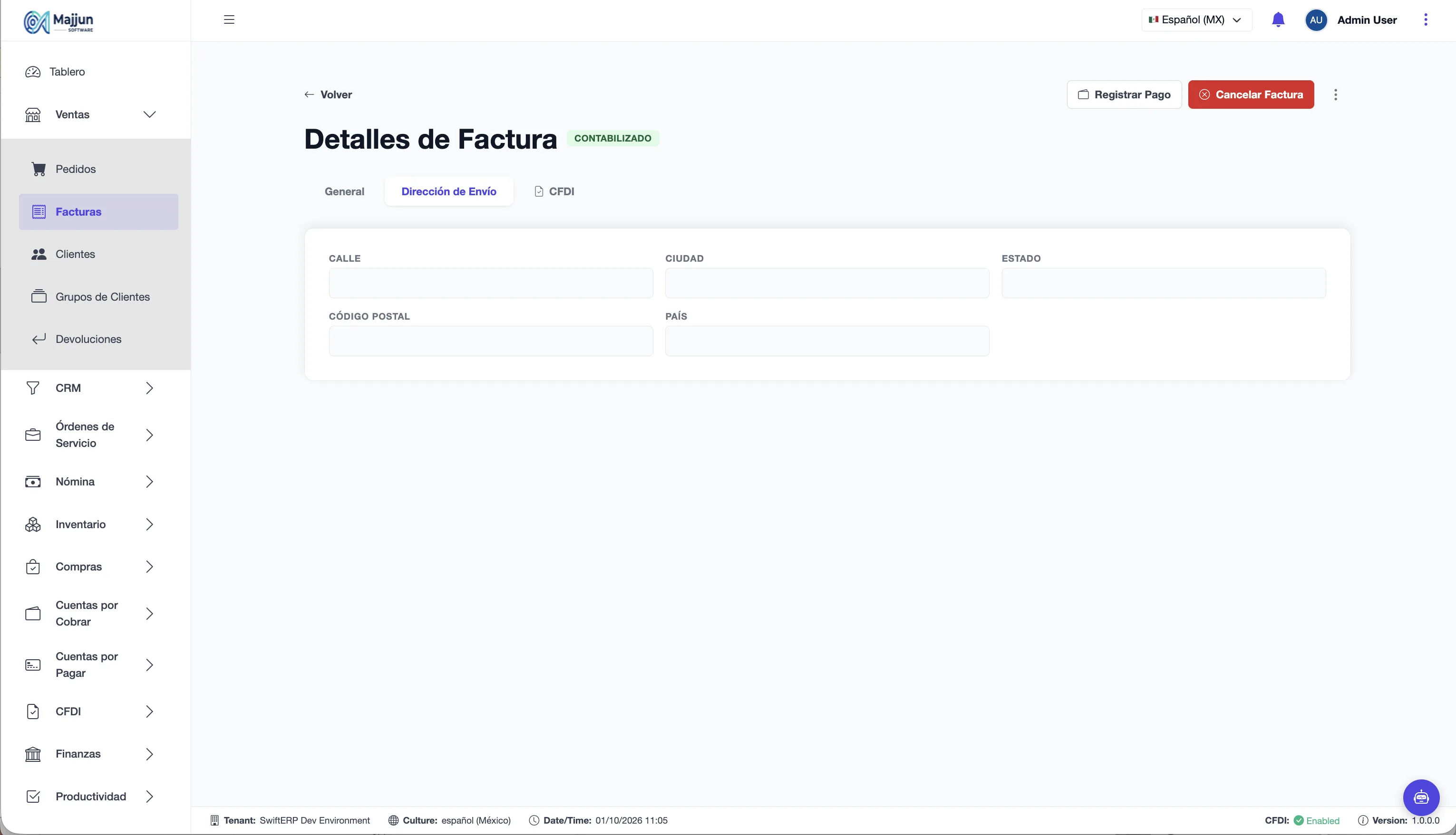 Pestaña Dirección de Envío de la factura
