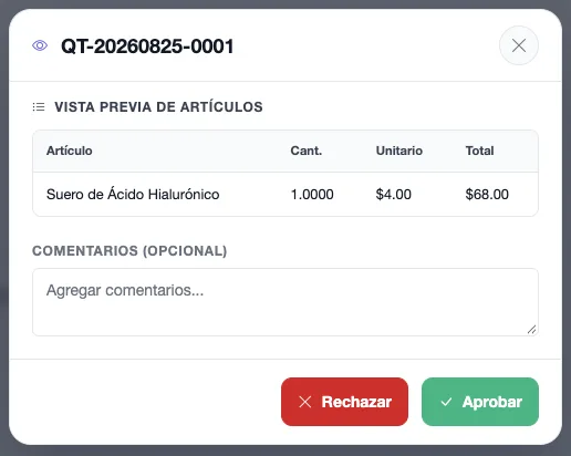 Detalle de una cotización pendiente con los botones Aprobar y Rechazar