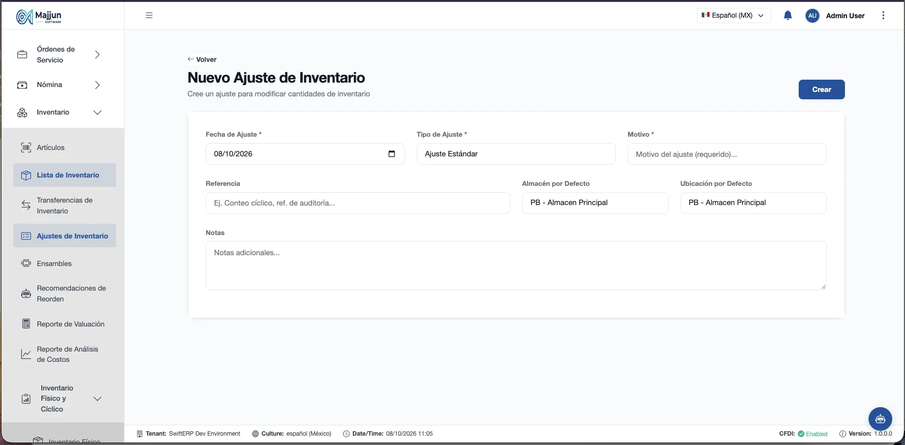 Crear nuevo Ajuste de Inventario