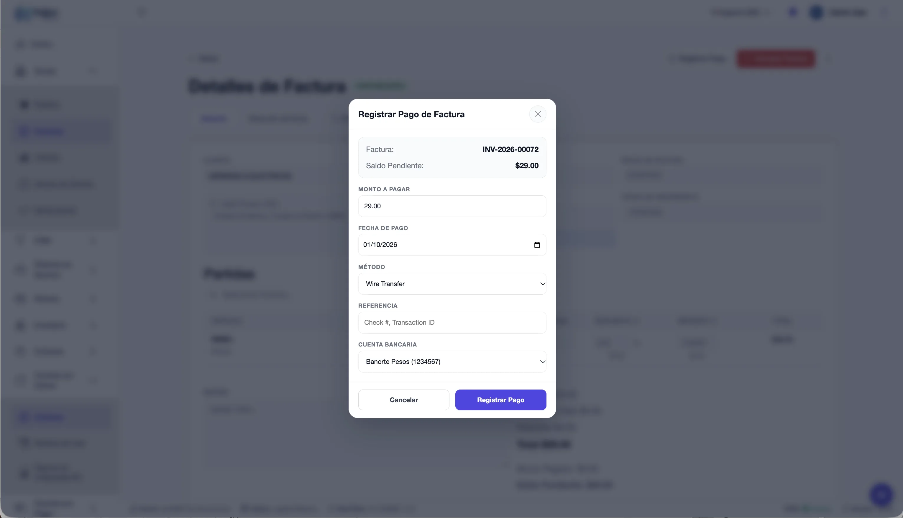 Ventana Registrar Pago de Factura