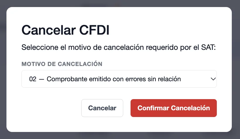 Modal de motivo de cancelacion de factura
