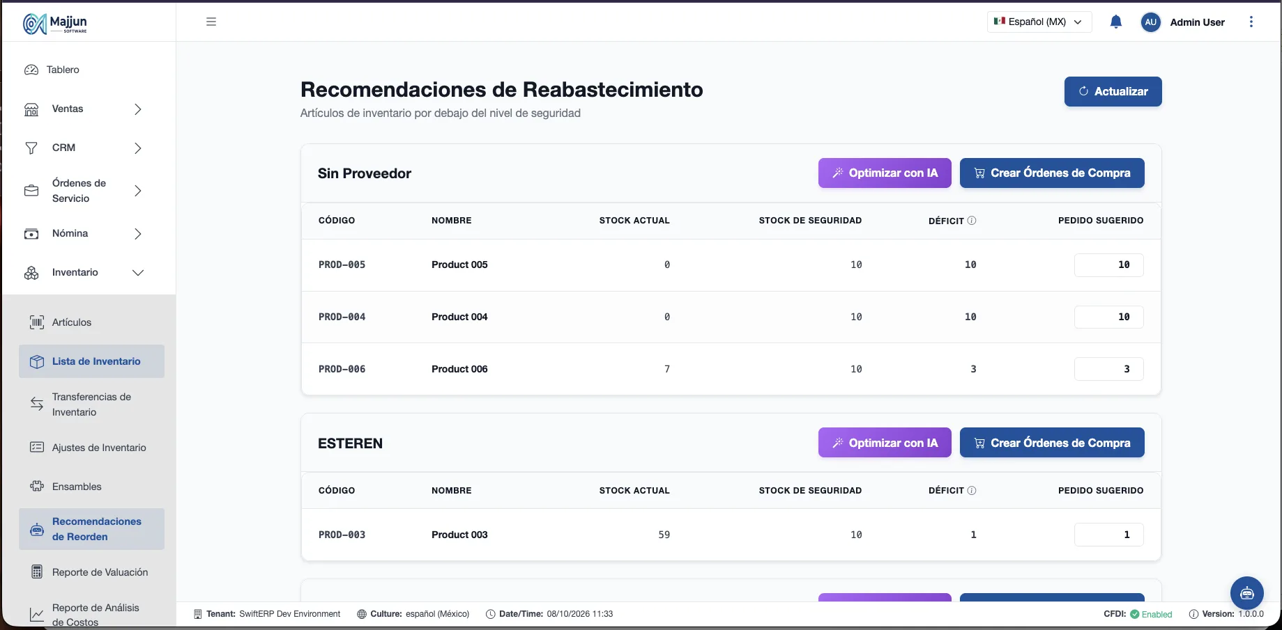 Pantalla de Recomendaciones de Reorden