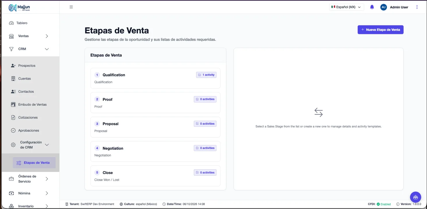 Etapas de Venta con el formulario de la etapa y su lista de actividades