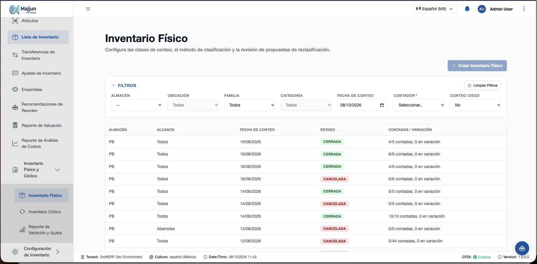 Pantalla de Inventario Fisico