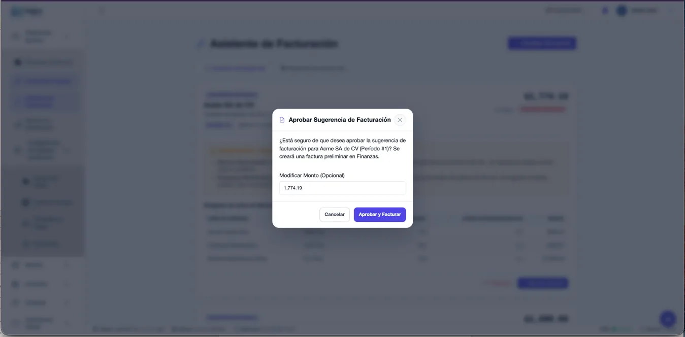 Sugerencia de facturación con advertencias y desglose