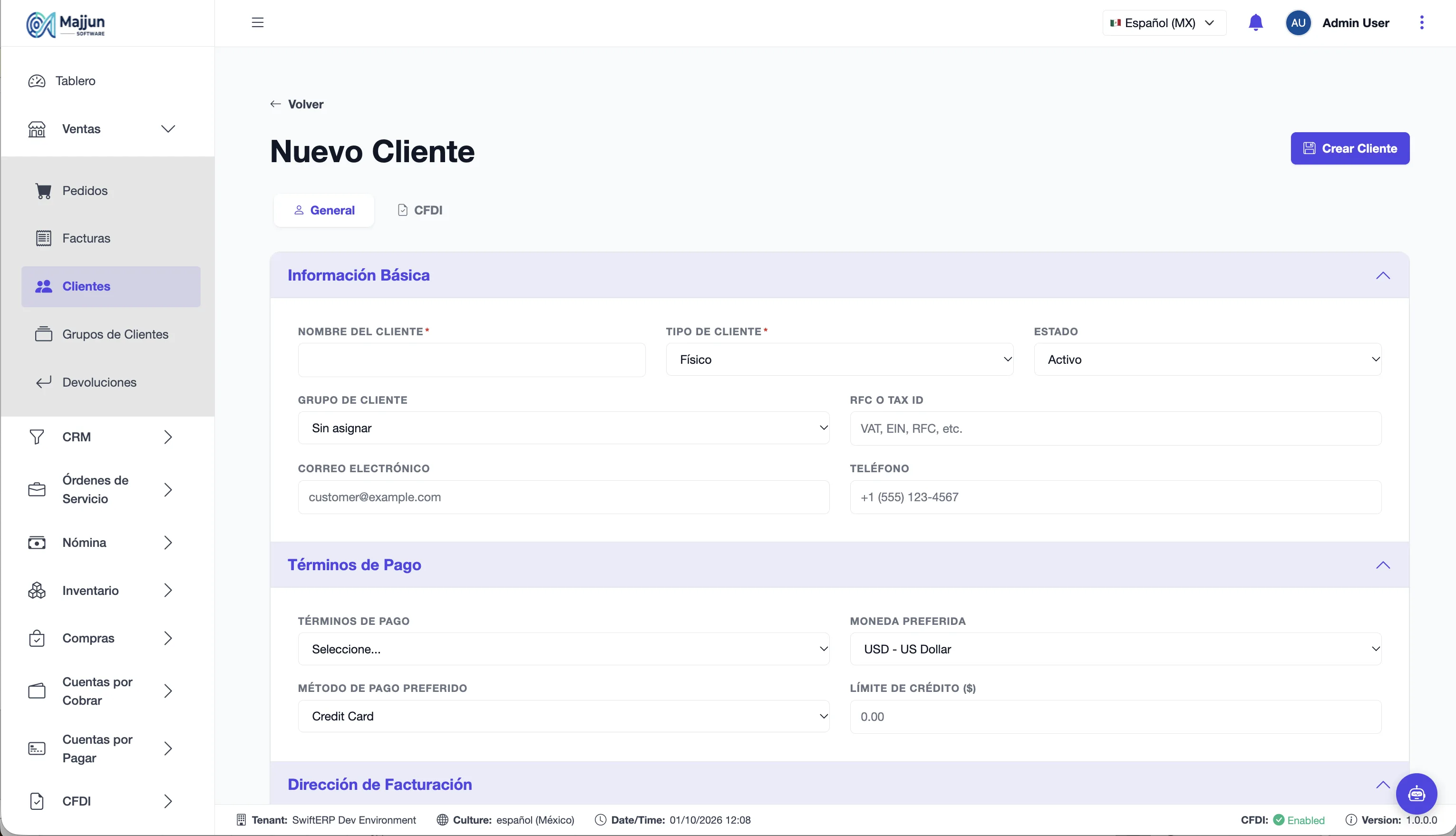 Formulario Nuevo Cliente, pestaña General. (Pantalla 1)
