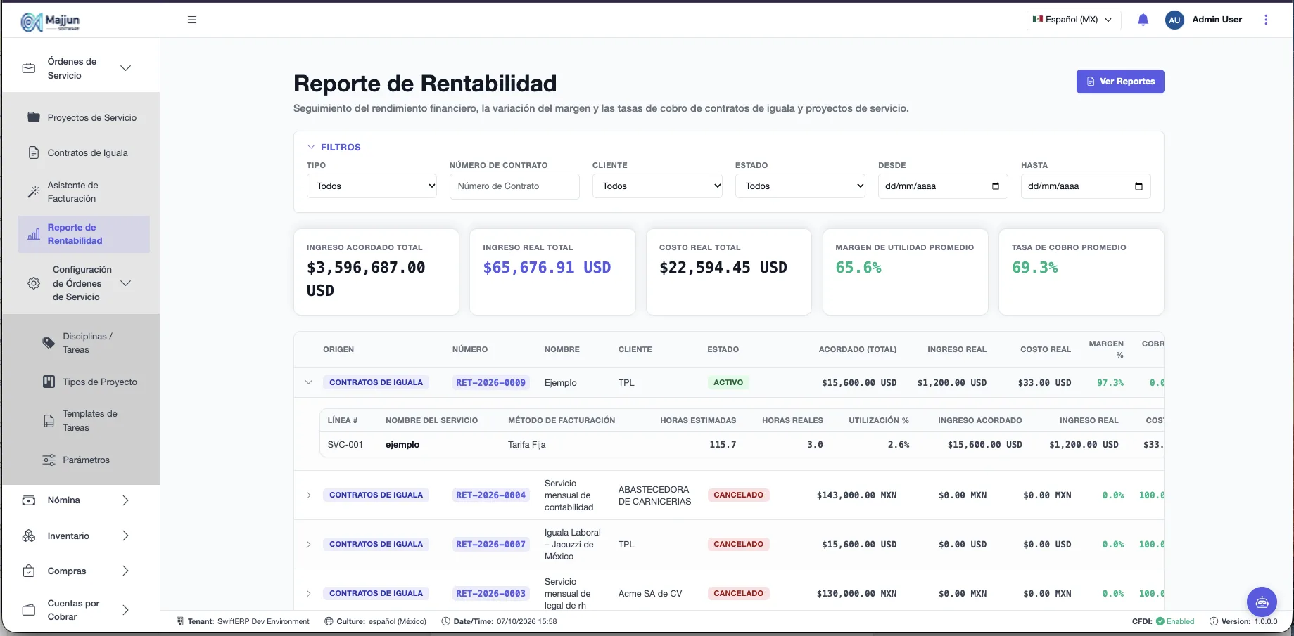 Reporte de Rentabilidad con el detalle de un contrato